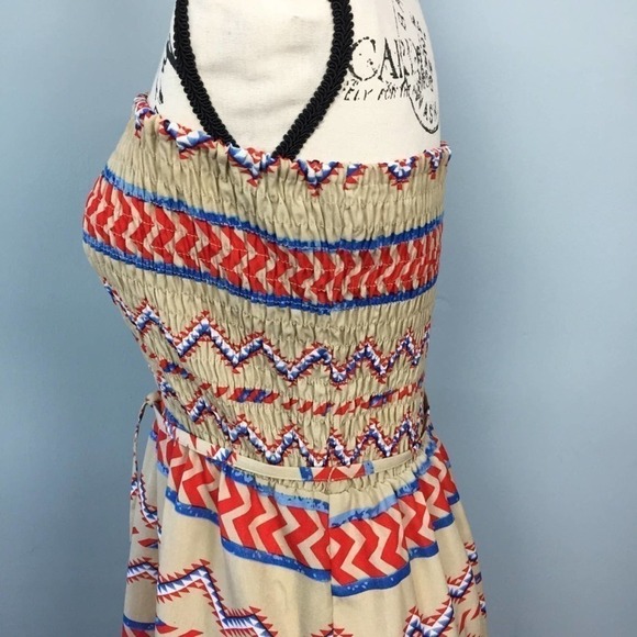 SANS Souci Smocked Strapless Aztec Tribal Print Maxi Dress Women's Size M Belted - Picture 10 of 12